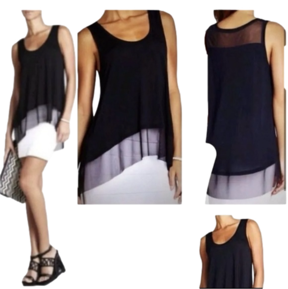 BCBGMAXAZRIA Black Clover Top Shirt Sleeveless Sheer Mesh Detail Women’s Small